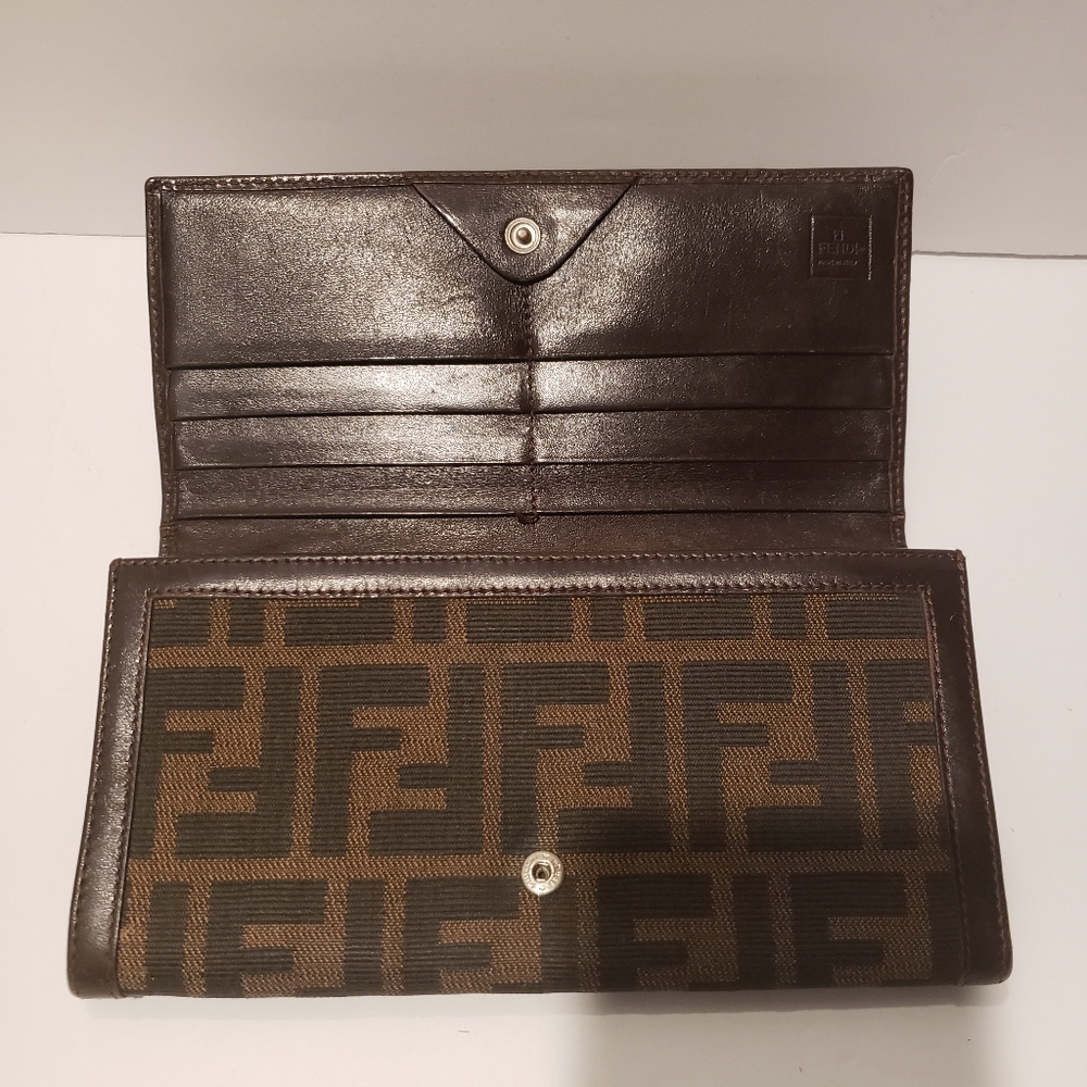 💖100% Authentic Vintage FENDI Zucca FF Logo Canvas & Leather Continental Wallet - Picture 6 of 16